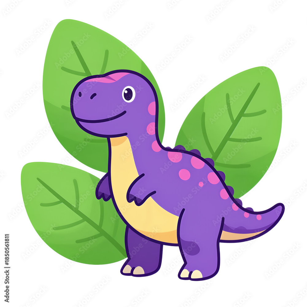 Fototapeta premium Cute Purple Cartoon Dinosaur with Green Leaves.