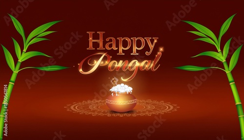 A dark and dramatic vector illustration focused on bold Pongal typography with a glowing traditional clay pot at the center, illuminated against a deep background, creating a powerful and modern visua