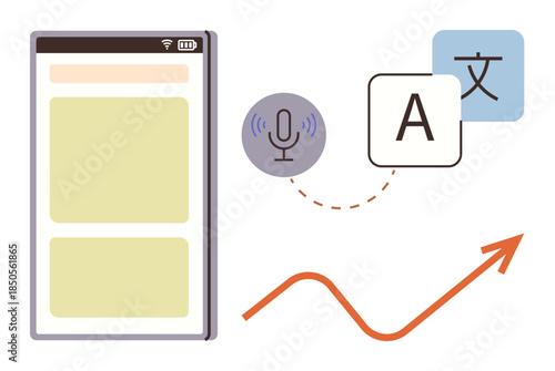 Mobile app with microphone icon, language symbols, and upward trend arrow. Ideal for communication, language learning, accessibility, globalization, technology education innovation. Simple flat