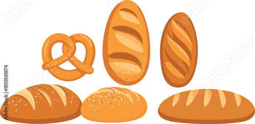 Set of Freshly Baked Bread Products Including Baguettes Pretzels and Loaves Isolated on White Background