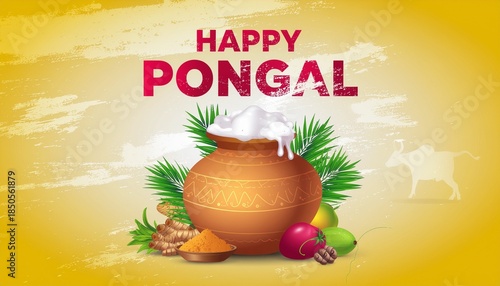 A dynamic, textured “Happy Pongal” festival banner design featuring bright yellow-gold distressed background, bold festive typography, traditional harvest elements like clay pots and sugarcane, and vi