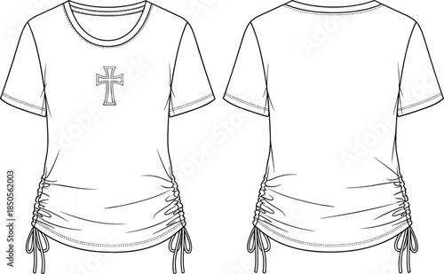 cad drawing flat vector illustration, ruched t-shirt sketch, fashion technical design, cross detail blueprint, drawstring hem layout, fitted silhouette graphic