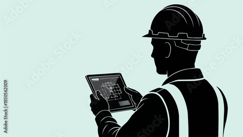 Construction worker in hard hat using tablet computer on site.