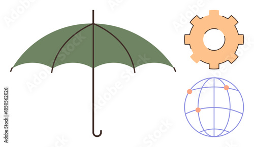 Green umbrella symbolizing protection, orange gear representing mechanism or industry, globe illustrating connectivity or globalization. Ideal for business, teamwork, innovation, security, global