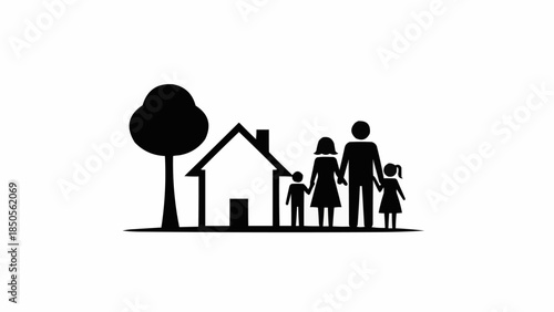 Family Silhouette Standing in Front of House with Tree.