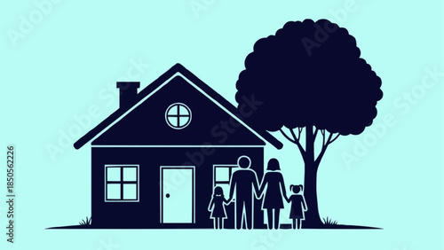 Family Standing In Front Of House With Tree Silhouette.