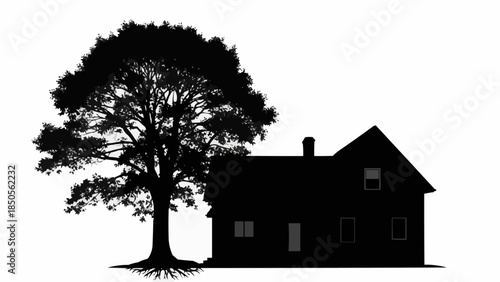 Silhouette of a house and a large tree.