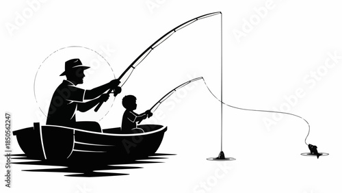Father and Son Fishing Together in a Boat.