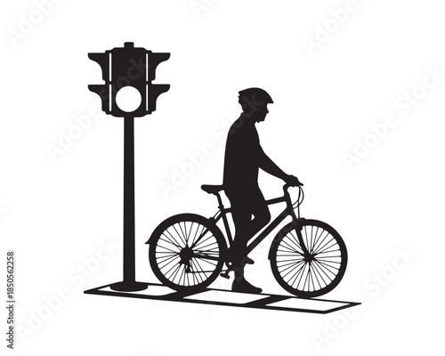 Cyclist Silhouette Waiting at Traffic Light Stop Sign