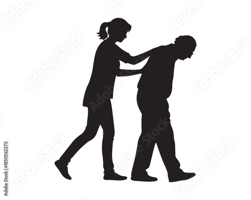 Silhouette of young woman assisting senior man walking