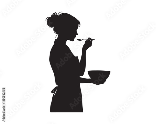 Female chef cook tasting meal with spoon and bowl black silhouette
