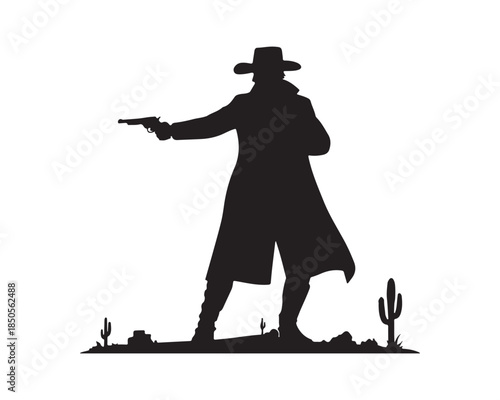 Western Cowboy Gunslinger Silhouette with Pistol in Desert Icon