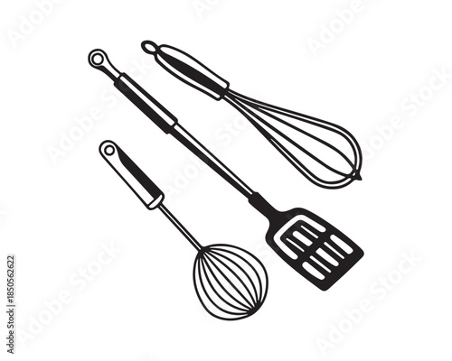 Cooking Tools Vector Icon Set: Whisk, Spatula, Kitchenware Silhouette
