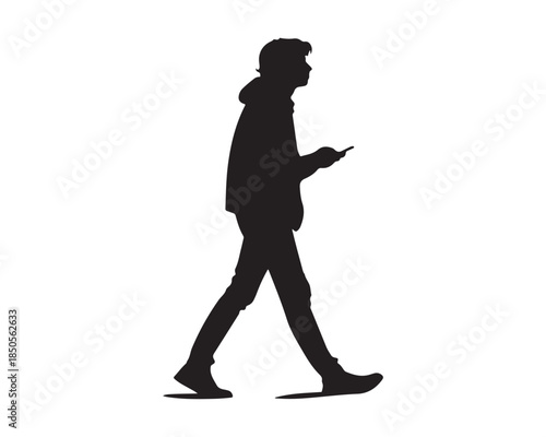 Silhouette of young man walking and using smartphone on white background.