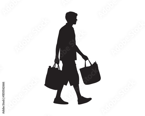 Silhouette of a man walking with shopping bags isolated on white.