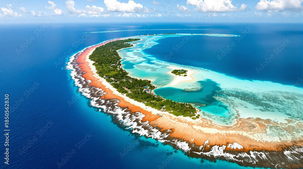 Obraz premium Tropical atoll paradise vibrant red reefs lush green islands and dazzling turquoise lagoons captured