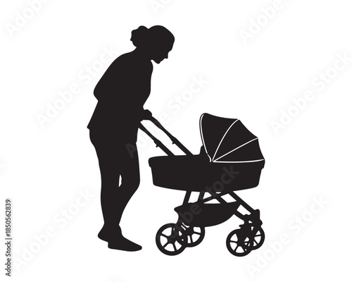 Silhouette of mother pushing baby stroller isolated on white background.