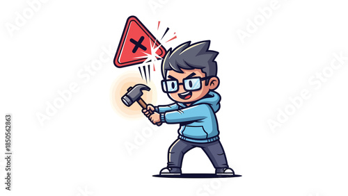 Enthusiastic Cartoon Character with Hammer Breaking a Red Warning Sign with X Symbol Concept of Problem Solving Innovation and Overcoming Obstacles
