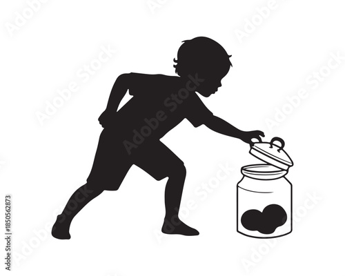 Boy Sneaking Cookies from Jar Silhouette Black and White Illustration