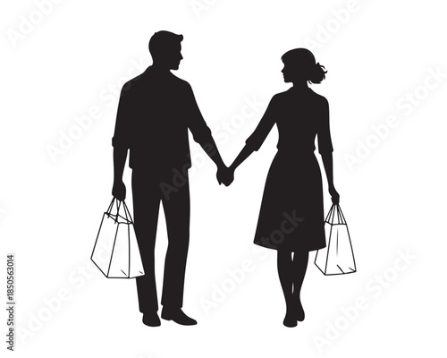 Couple Walking Silhouette Holding Hands with Shopping Bags