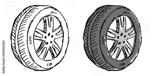 Grunge sketch handdrawn tire icon vector for offroad and urban themes. Ideal for mechanic shops, street racing, and rugged automotive art.