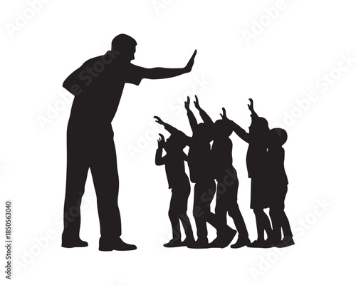 Adult silhouette preventing children from reaching out, boundary setting