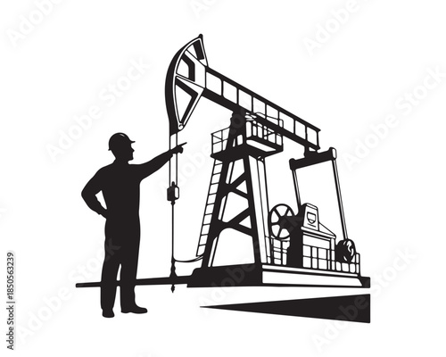 Oil Worker Pointing at Pump Jack Drilling Rig Black Silhouette