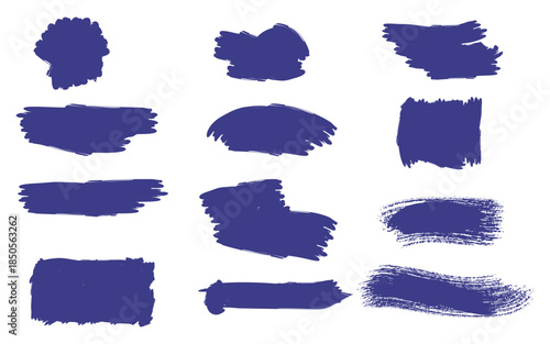 Collection of 12 unique dark blue brush strokes on white background