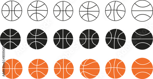 Row of Basketball Icons in Outline Silhouette and Color Variations Keywords: basketball, sport, game, ball, round, circle, equipment, athletic