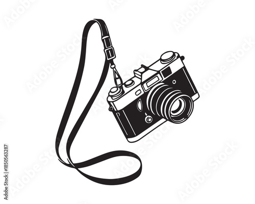 Black and White Retro Film Camera Hanging on Strap Line Art Icon