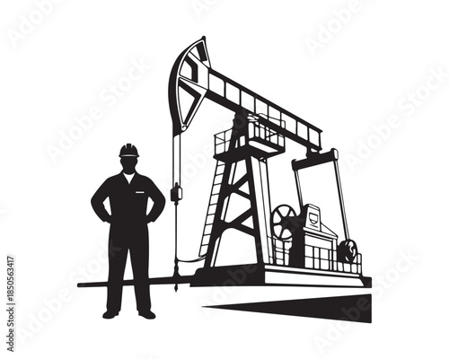 Black Silhouette of Oil Worker and Pump Jack on White Background