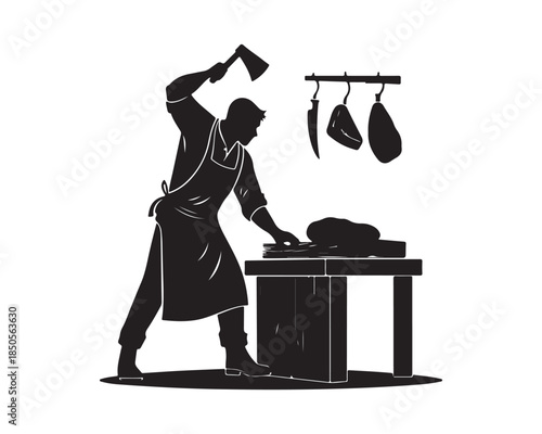 Butcher Silhouette Chopping Meat with Axe on Cutting Block Vector Graphic