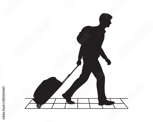 Silhouette of Traveler Pulling Suitcase Icon on White Background