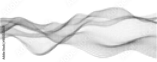 Flowing dots particles wave pattern 3D curve halftone black gradient curve shape isolated on white background.