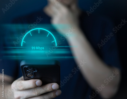 mobile speed test internet connection bandwidth network technology, Man using Internet high speed by smartphone 5G quality, speed optimization