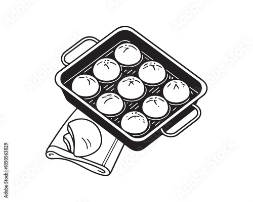 Bread Rolls in Baking Pan on Oven Mitt Black and White Doodle Icon