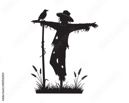 Black Scarecrow and Crow Vector Silhouette in Wheat Field