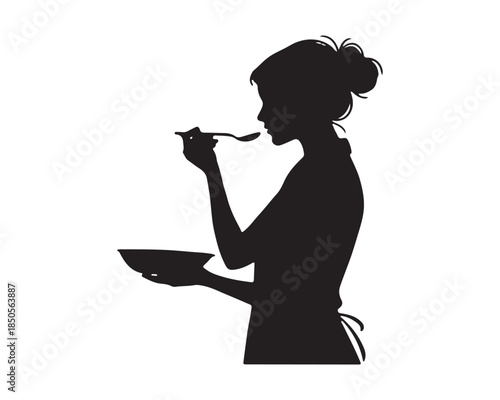 Profile Silhouette of Woman Sampling Food with Spoon and Bowl