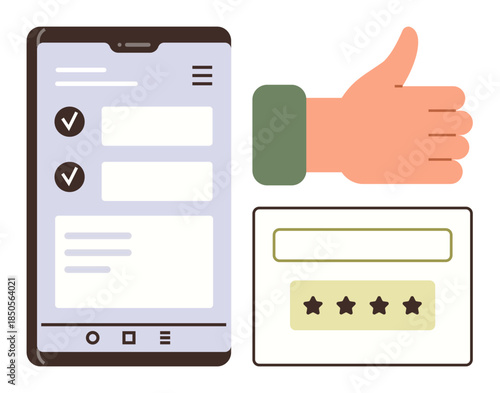 Digital checklist on smartphone, thumbs-up gesture, and star rating panel represent feedback, quality, review, evaluation, productivity, approval process rating system. Ideal for online interaction