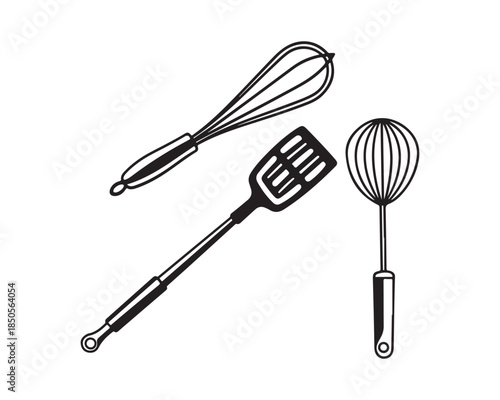 Hand-drawn Kitchen Utensils Set: Whisk, Balloon Whisk, and Spatula Illustration