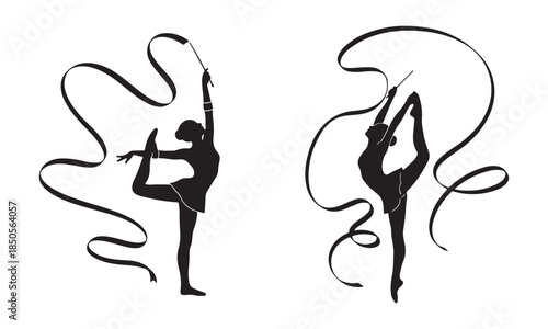 Rhythmic Gymnasts Silhouettes with Ribbons. Sport, Dance, Flexibility