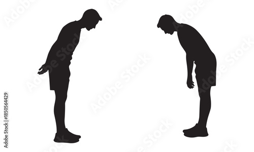 Men bowing deeply silhouette vector illustration isolated on white.