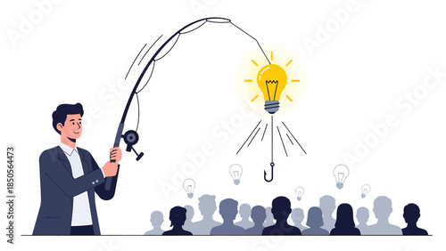 Businessman Fishing for Bright Ideas and Innovation with Lightbulb Bait and Engaged Audience
