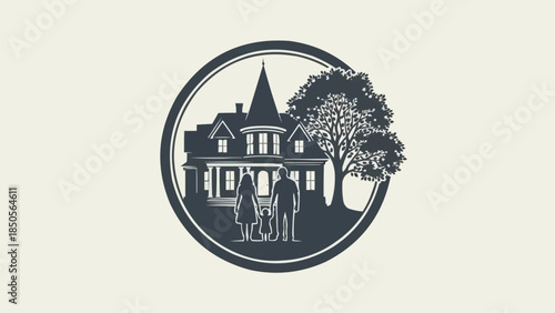 Vintage Family Home Silhouette with Tree and Dog.