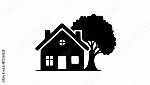 Simple Black Silhouette of a House with a Tree.