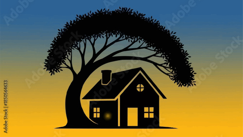 Silhouette of a house nestled under a large tree.