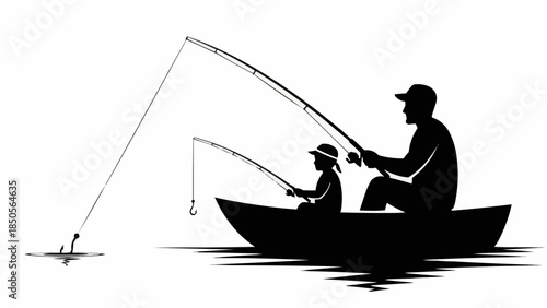 Father and child fishing together in a boat silhouette.