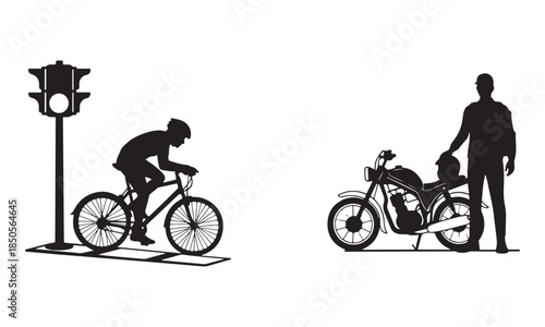 Black Silhouettes of Urban Transport: Cyclist and Motorcyclist