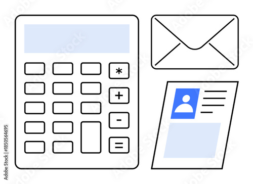 Financial management concept. Calculator, envelope, and ID document emphasizing financial management efficiency. Financial management for accounting, paperwork, budgeting, and office tasks. include