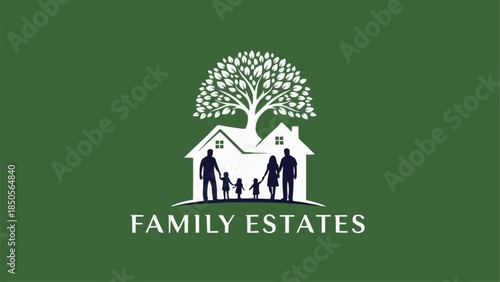 Family Estates Logo with Silhouettes of Family and Houses Under a Tree.